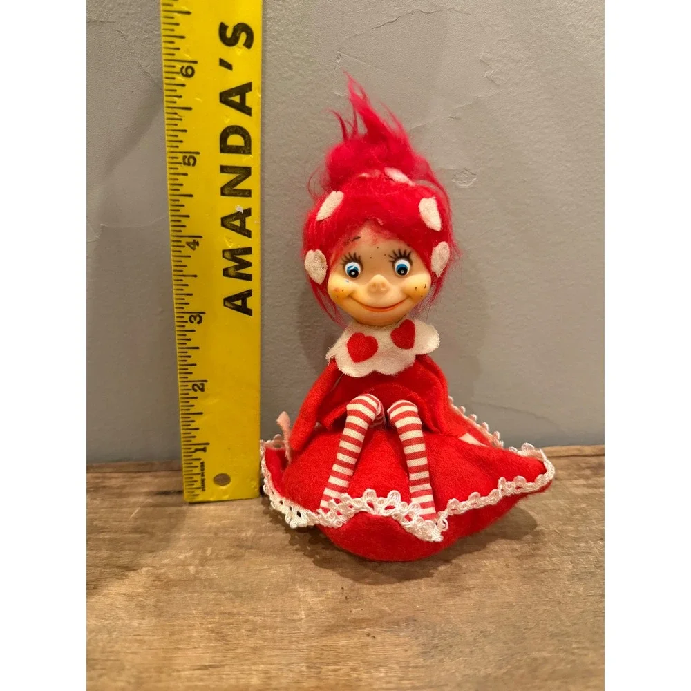 Vintage 60's Red White Felt Pixie Elf Doll Japan Valentine Heart Christmas 6
